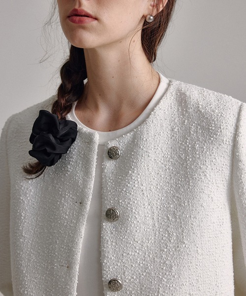 ジャケット ノーカラージャケット ラウンドネック リボンポケット
