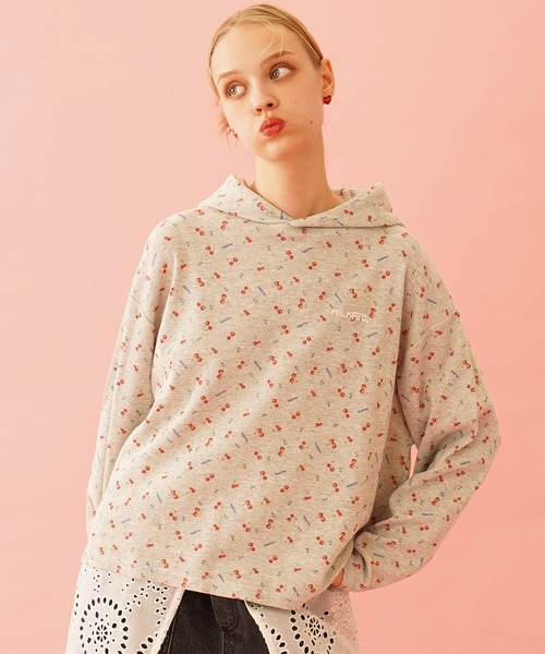 tシャツ CHERRY PATTERN WAFFLE HOODIE TOP レディース