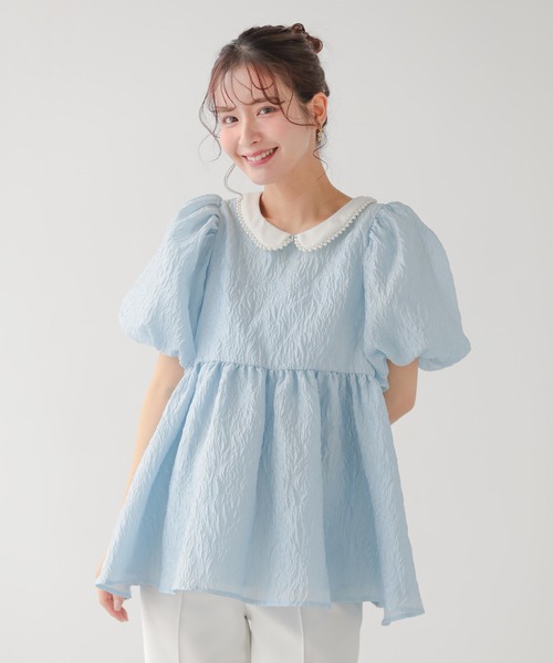 ヴィンテージ レトロ古着 パイルジャガードペプラムワンピース 半袖 青 フリル襟 Fit more（フィットモア） パール襟ジャガードペプラムトップス