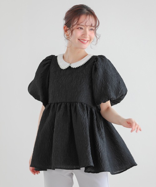 Fit more パール襟ジャガードペプラムトップス レディース