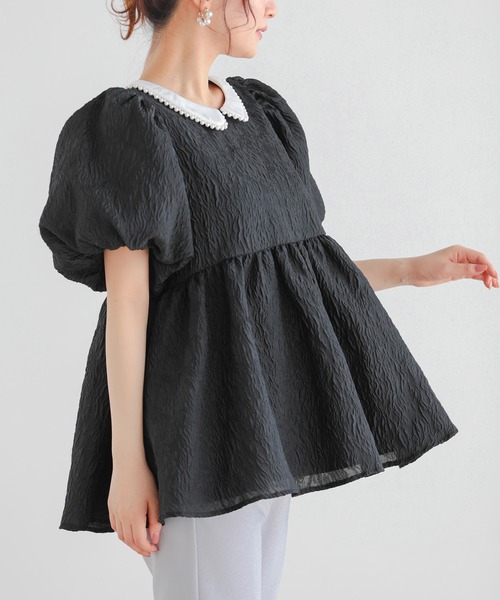 Fit more パール襟ジャガードペプラムトップス レディース