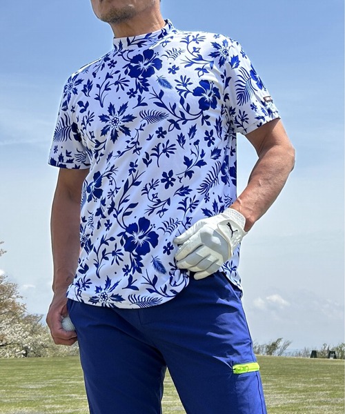 COMONGOLF ゴルフ ボタニカル柄 半袖モックネック ゴルフシャツ