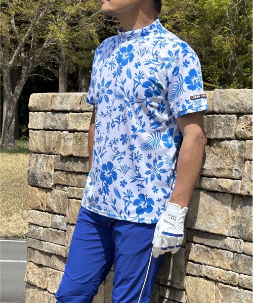 COMONGOLF ゴルフ ボタニカル柄 半袖モックネック ゴルフシャツ