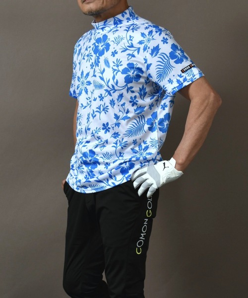 ♦︎レア オンライン限定 トリプルコラボ 半袖モックネック ゴルフウェア 男女兼用 COMONGOLF（コモンゴルフ） ゴルフ ボタニカル柄 半袖モックネック