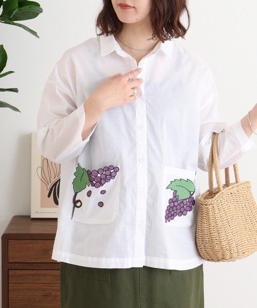 ブラウス シャツ EMAGO ぶどう刺繍シャツ レディース Emago ブラウス シャツ EMAGO ぶどう刺繍シャツ レディース
