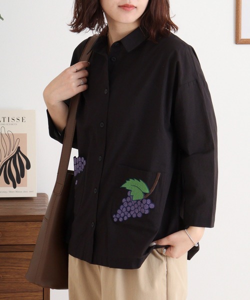 ブラウス シャツ EMAGO ぶどう刺繍シャツ レディース Emago ブラウス シャツ EMAGO ぶどう刺繍シャツ レディース