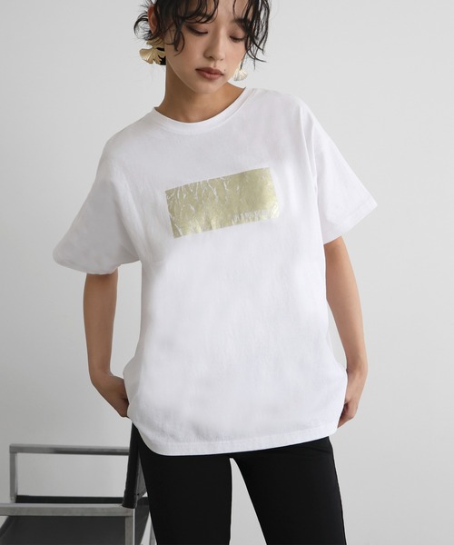 tシャツ ポイント箔プリントTシャツ レディース tシャツ 箔プリントシルバーヴィンテージプリントTシャツ