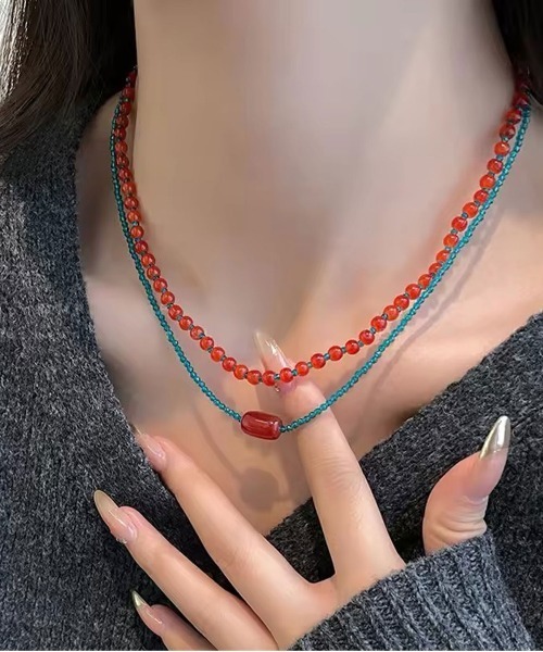 ビーズ織のポシェットネックレス シルバー925 多角形ビーズチェーンネックレス 多角形ストーン