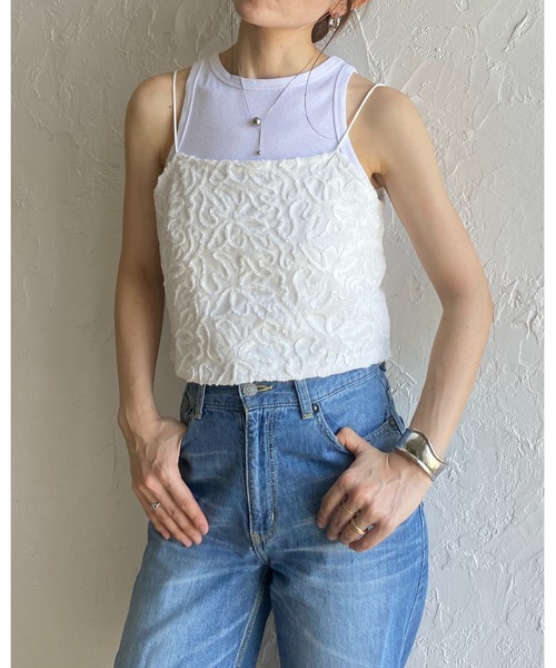 AD2018 19SS リボン刺繍ノースリーブブラウス ベスト ビスチェ 白 She's Closet ベスト ジレ 夏 ショート丈クロップド 花柄刺繍 ベロア