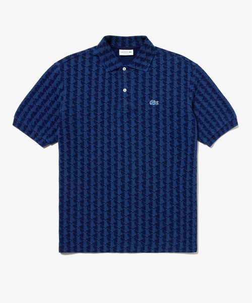 LACOSTE ポロシャツ モノグラムプリント インディゴ鹿の子地半袖