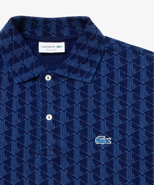 LACOSTE ポロシャツ モノグラムプリント インディゴ鹿の子地半袖