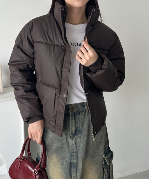 ブルゾン アウター フェイクレザーショート丈中綿ダウンジャケット