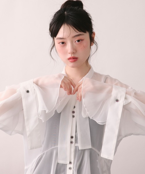 ドゥロワー★シースルー タイ フロント　ボウタイ 　シャツ　ブラウス　リボン loin nuit ブラウス シャツ sheer ribbon tie shirt / シアー