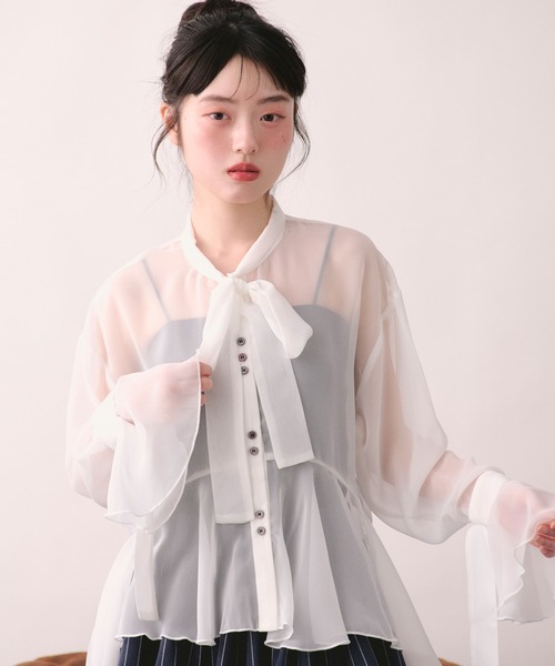 美品 shirocon シロコン フリルシアーブラウス 白 リボン 半袖 uq6 loin nuit ブラウス シャツ sheer ribbon tie shirt / シアー