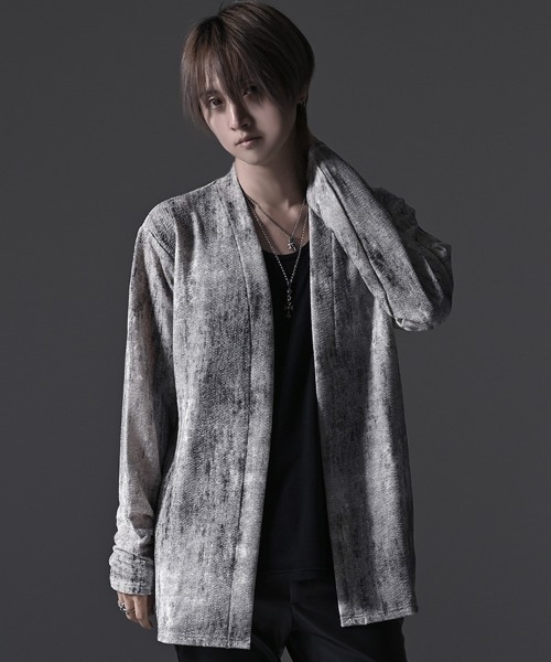 カーディガン 「CavariA/キャバリア」汚しクレープノーカラーカーディガン メンズ レディース