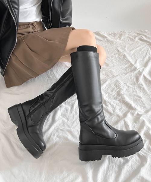 【完売】軽量厚底 2段ソール プレーン ロングブーツ Shoes in Closet ブーツ 「#極軽」軽量厚底 2段ソール プレーン