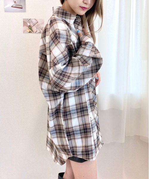 CECIL McBEE シャツ ブラウス バックロゴ刺繍チェックシャツ 