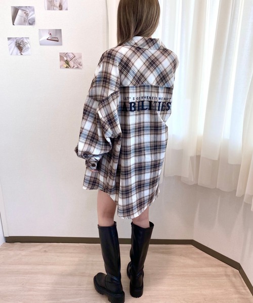 CECIL McBEE シャツ ブラウス バックロゴ刺繍チェックシャツ 