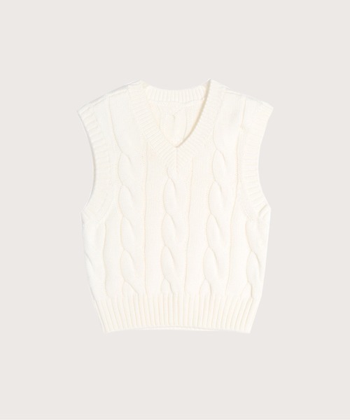 ニット レディース アイボリーウールケーブルニットベスト Ivory Wool Cable Knit Vest｜zozo