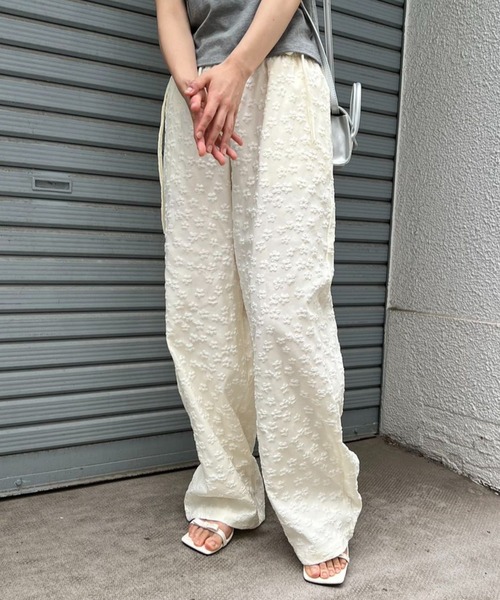 パンツ ウエストリボンフラワーワイドパンツ レディース