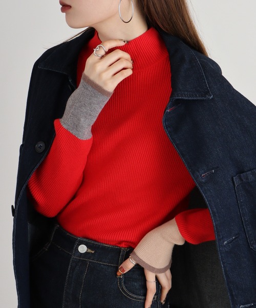 アンナニコラ Anna Nicola アシメ配色ハイネックリブニット （レッド） Anna Nicola ニット セーター アシメ配色ハイネックリブニット
