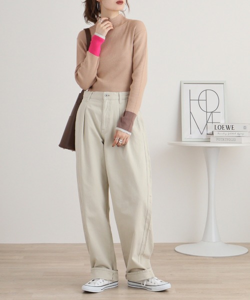 アンナニコラ Anna Nicola アシメ配色ハイネックリブニット （レッド） Anna Nicola ニット セーター アシメ配色ハイネックリブニット