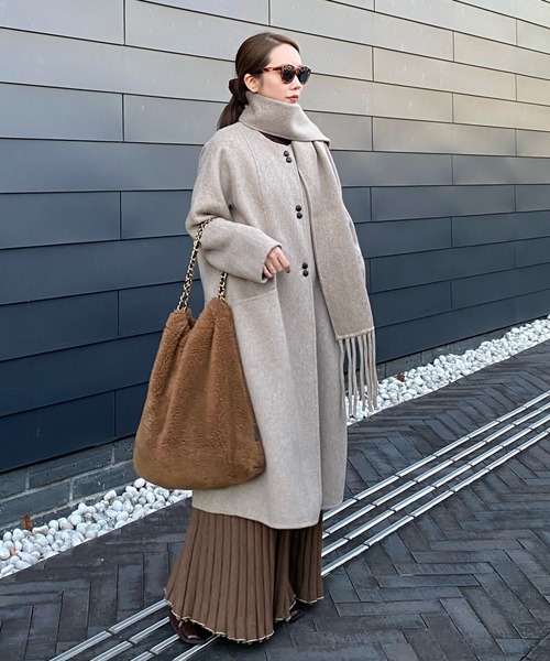 ノーカラーコート コート no collar double button wool coat