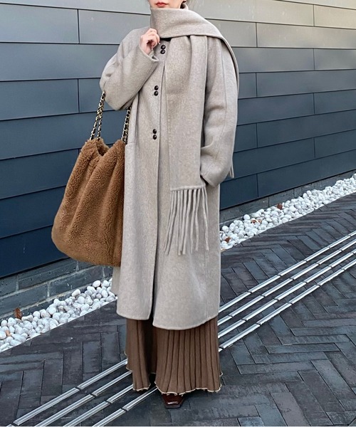 ノーカラーコート コート no collar double button wool coat