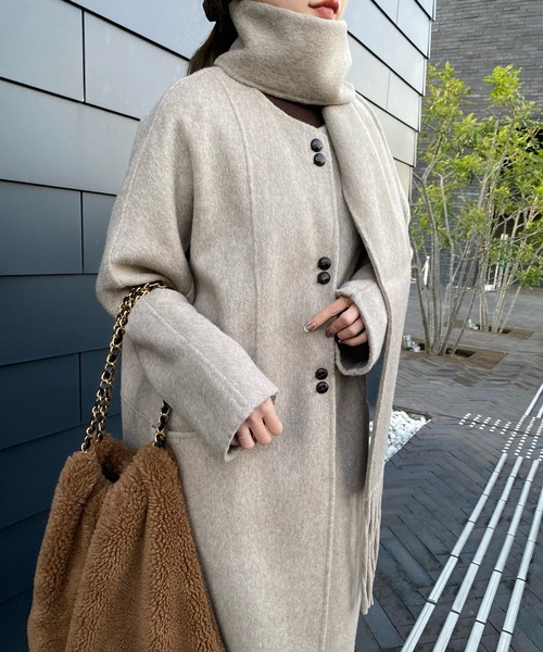ノーカラーコート コート no collar double button wool coat