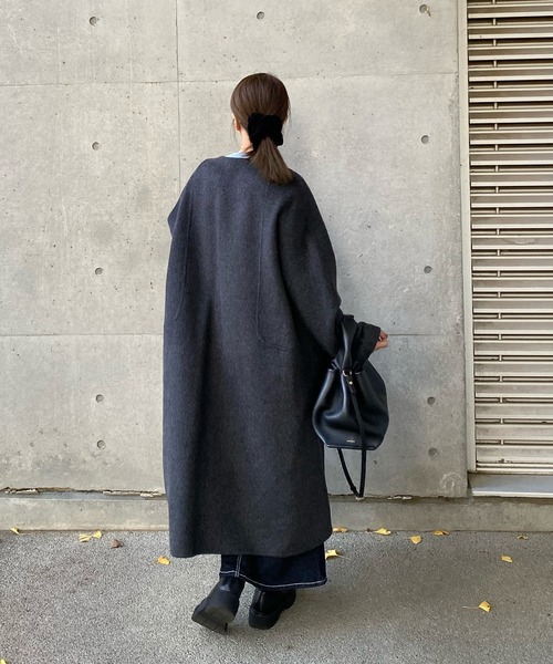ノーカラーコート コート no collar double button wool coat