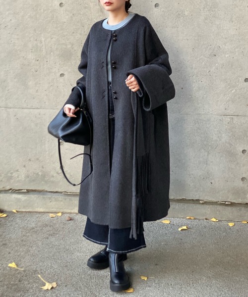 ノーカラーコート コート no collar double button wool coat