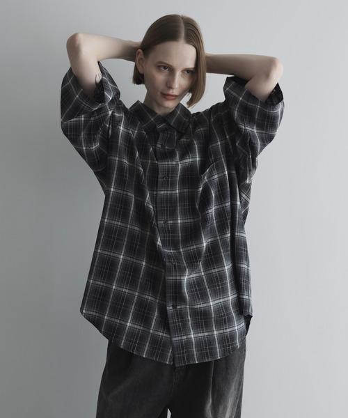 remer　ルーズオールドタータン柄チェックシャツ　チャコールグレー　S loose old tartan check shirt / ルーズオールドタータン柄