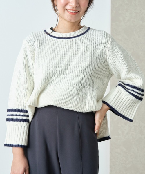 大幅値下げ　グレー　定価36,300円 ☆新品☆腫れぼったいボーダーセーター ニット セーター フレアスリーブボーダーニット 「低身長・小柄
