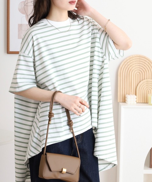 myke tシャツ ボーダー柄 バックフレアライン半袖トップス