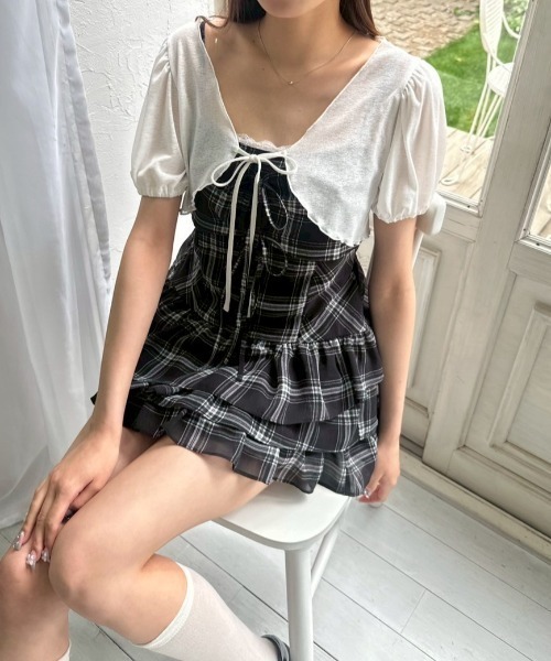 【にゃた】スウィートリボンボレロミニワンピース グレー OLIVE des ワンピース 「SETアイテム」ボレロセットリボンミニ