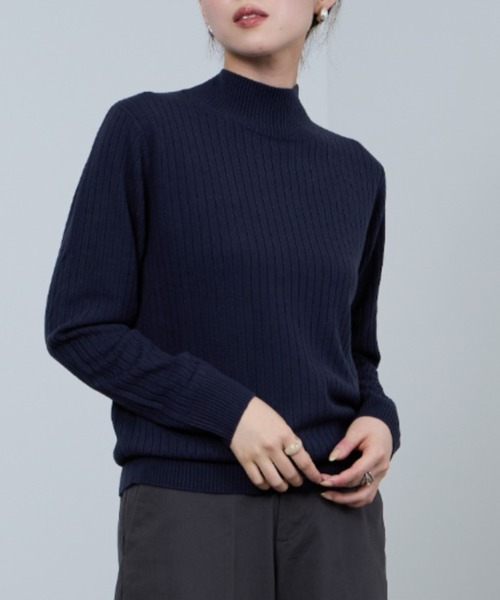 NAVY ニット セーター カシミヤタッチ リブハイネックニット