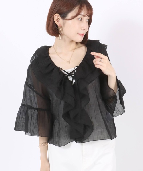 ブラウス シャツ ラッフル襟 フリル 縦シボシアーシャツ/ブラウス