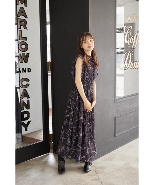 ア*ン様 リボン＆フリル付きウエストシャーリングリボンプリントプリーツワンピース tocco closet ワンピース リボン＆フリル付きウエスト