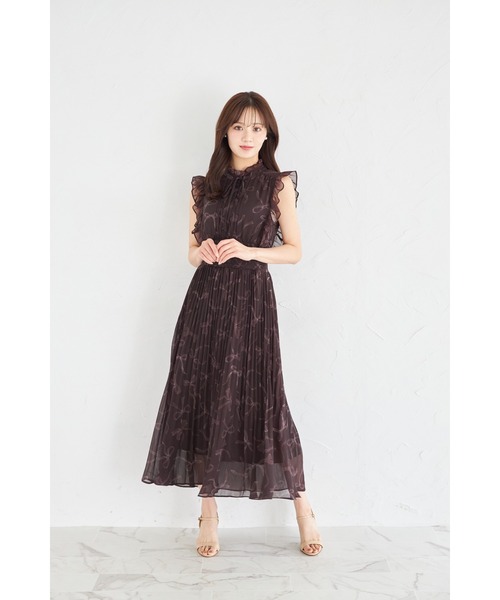 tocco＆フリル付きウエストシャーリングリボンプリントプリーツワンピース リボン＆フリル付きウエストシャーリングリボンプリントプリーツ