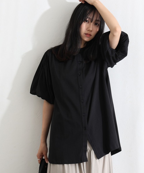 【新品タグ付き】Ohotoroブラック パフスリーブ 半袖ブラウス ElegChic tシャツ 半袖 ブラウス風パフスリーブカットソー レディース