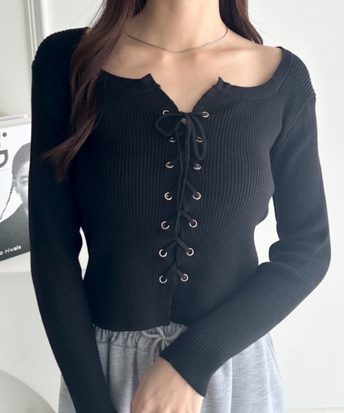 tシャツ ダブルフロントレースアップニットトップス レディース