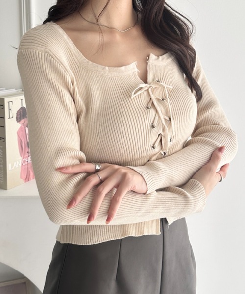 tシャツ ダブルフロントレースアップニットトップス レディース