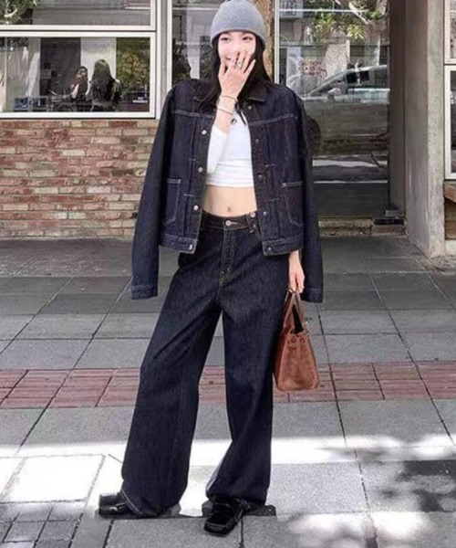 セットアップ デニムショートジャケット＆ワイドデニムパンツセット