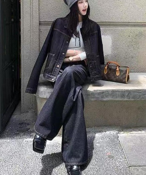 セットアップ デニムショートジャケット＆ワイドデニムパンツセット