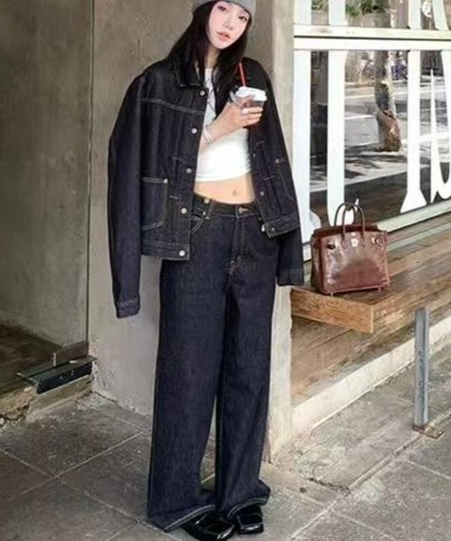 セットアップ デニムショートジャケット＆ワイドデニムパンツセット