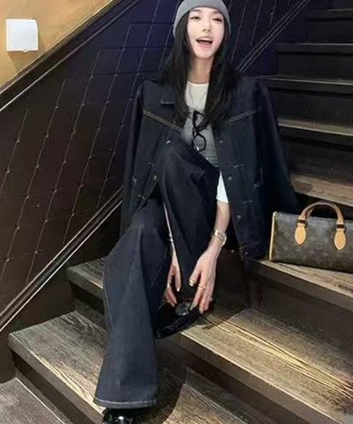 セットアップ デニムショートジャケット＆ワイドデニムパンツセット
