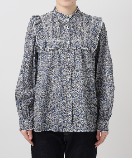 SLOBE IENA - スローブイエナ Petit Flower プリントフリルブラウス F レディース ブラック/黒【中古】【新入荷】 ● SLOBE IENA（スローブイエナ） ブラウス シャツ Petit Flower フリル