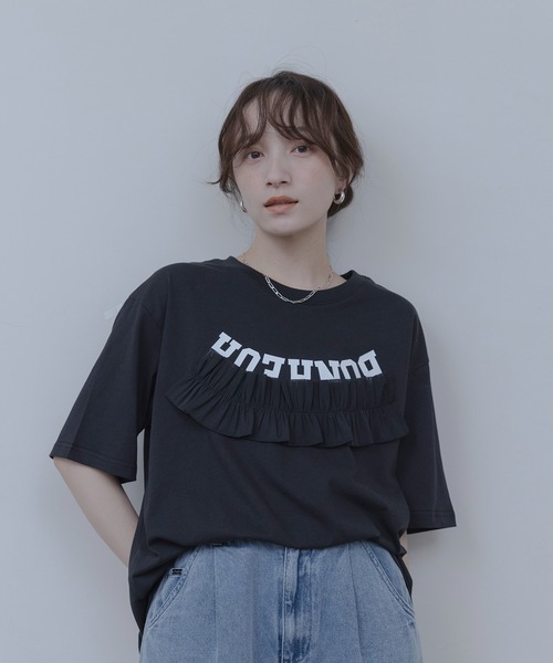 ★【新品】エイミーロウ ウェーブフリルヘムレースTシャツ ブラック 今季新作★ Eimee Law（エイミーロウ） tシャツ ウェーブフリルロゴプリントT