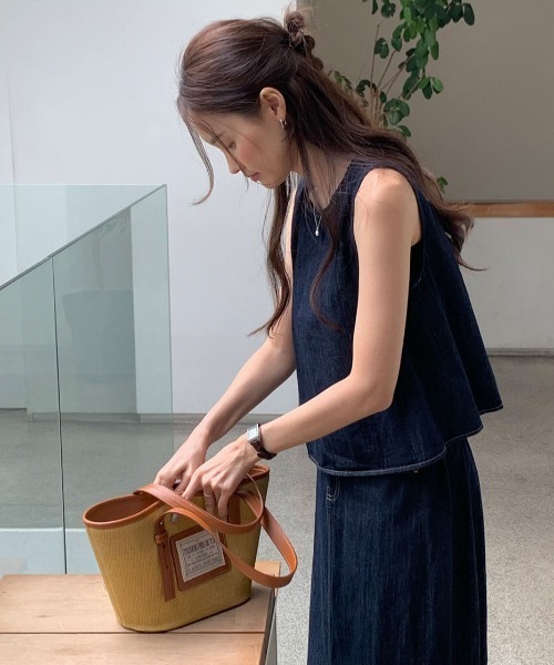 Aelina セットアップ デニムノースリーブトップス+スカート