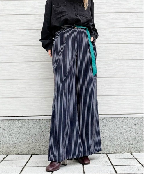 Q ワイドパンツ パンツ ピンストライプDカンベルトパンツ レディース